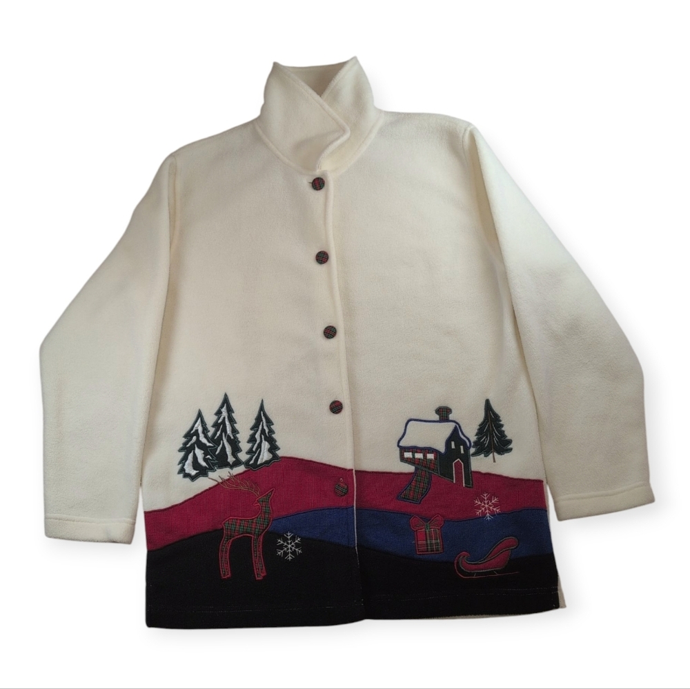 Vintage Women's Jacket PM Christmas Cardigan Patchwork Embroidered Fleece Winter